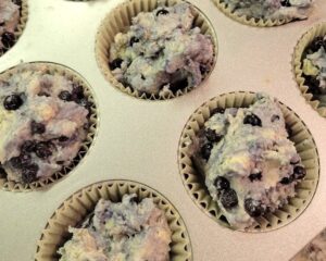 blueberry vegan muffins in a pan