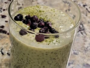 macha chia pudding in a cup